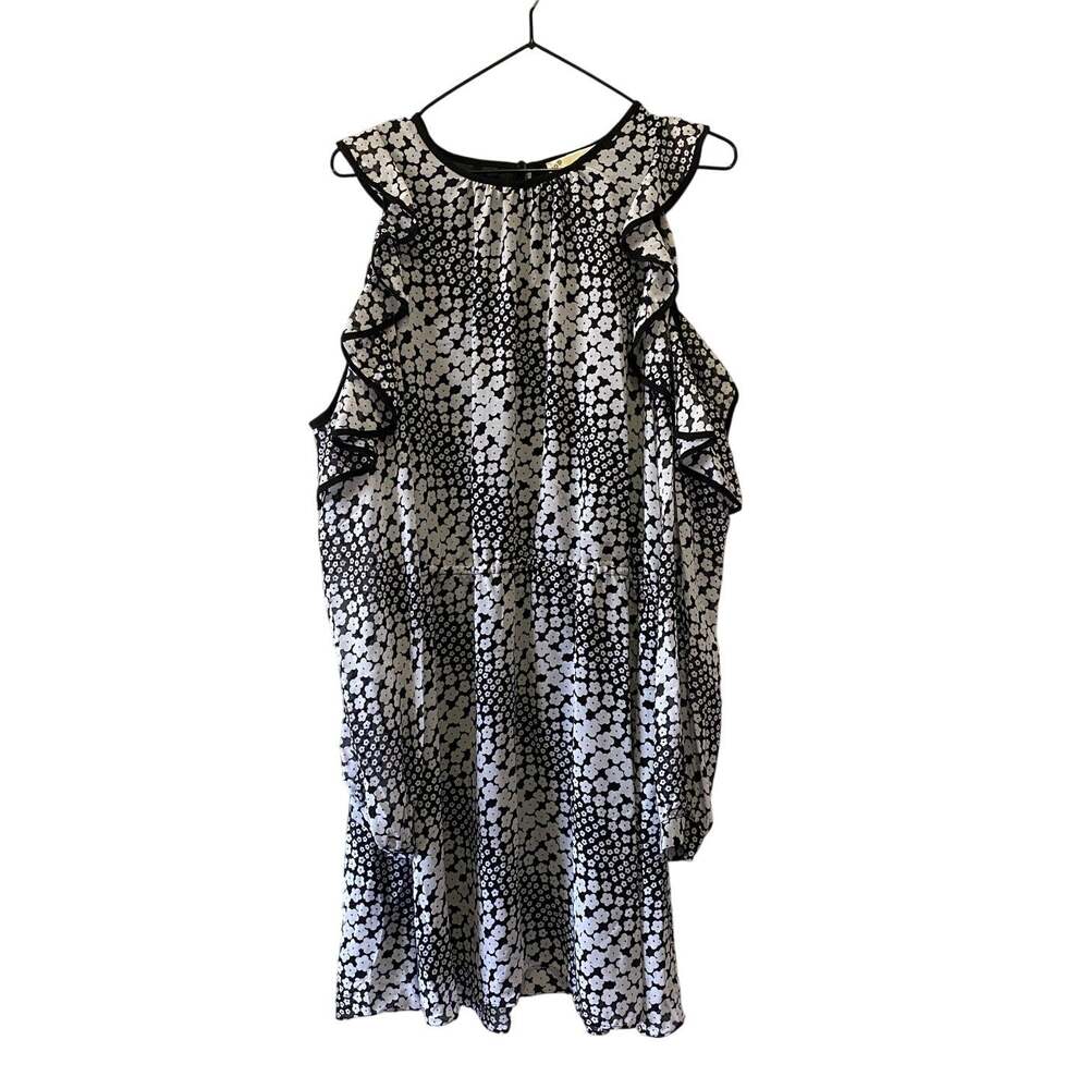 Michael Kors Women's L Blk White Floral Cold Shoulder Ruffle Long Sleeve Dress